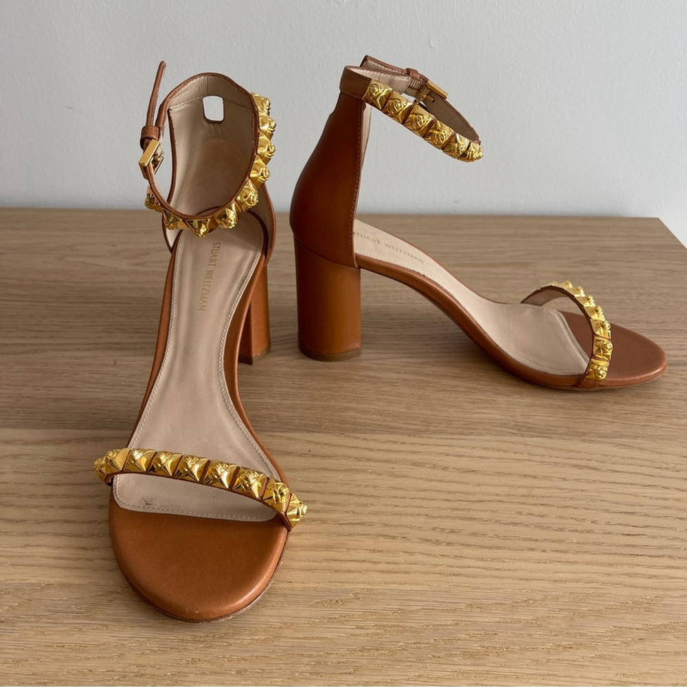 Stuart Weitzman rosemarie block heel cognac Brown Ankle Strap Sandals gold stud